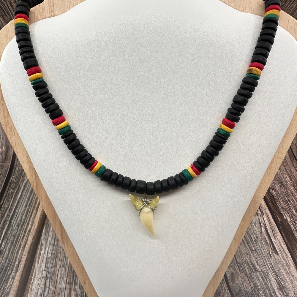 Black Wood Bead Shark Tooth Style Pendant Necklace Rasta Boho Tribal Statement